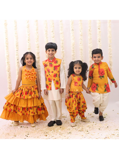 Genda Phool Mustard Choli and Lehanga Set For Girls