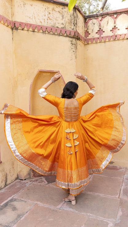 Amber Orange Taffeta Silk Anarkali Set