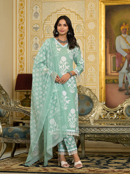 Women Green Embroidery Viscose Rayon Kurta, Pant And Dupatta Set