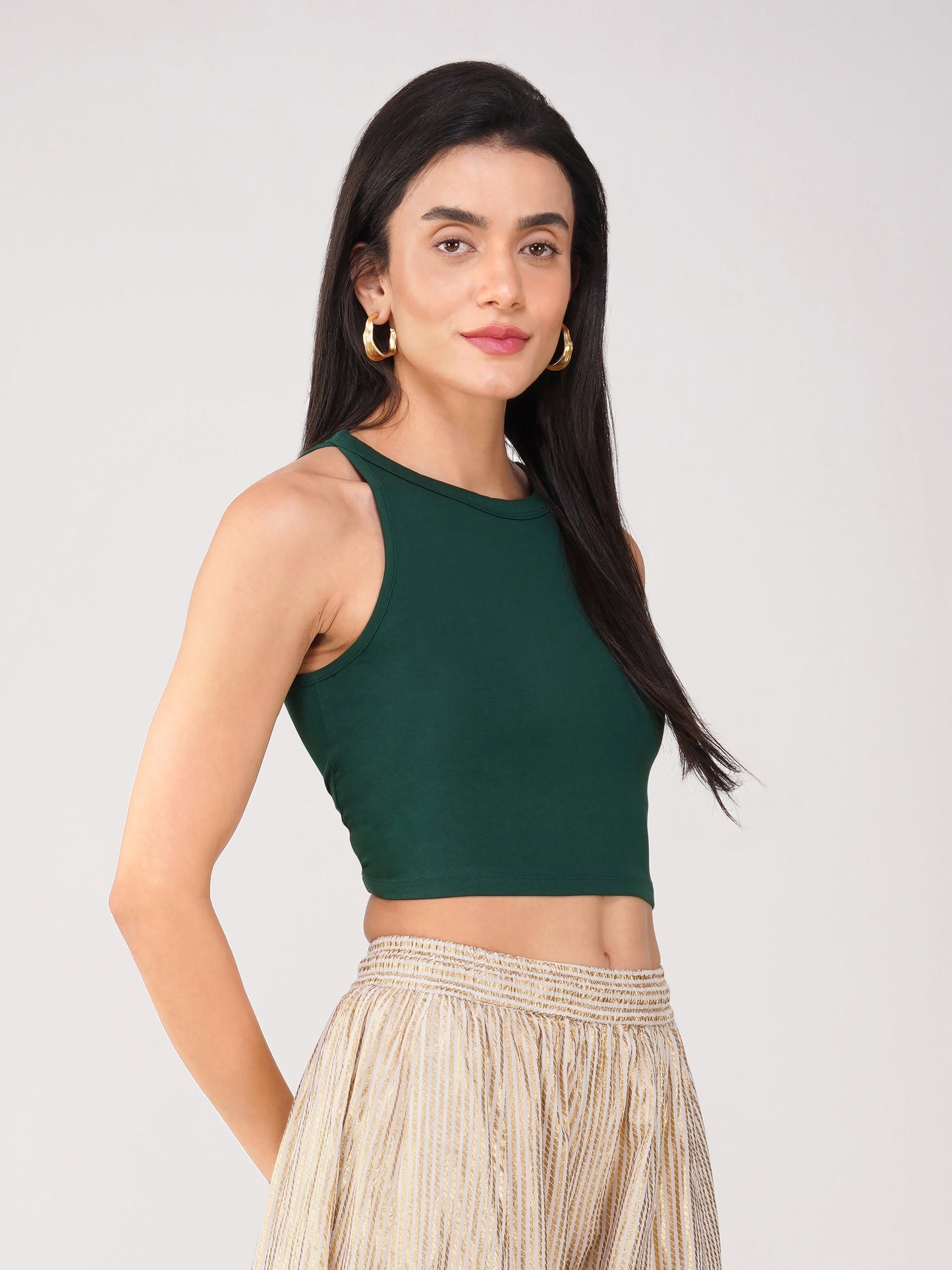Dhiyona ST Women's Stretchy Knitted Halter Neck Green Crop Top