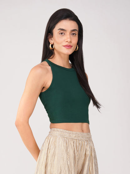 Dhiyona ST Women's Stretchy Knitted Halter Neck Green Crop Top