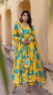 Blue Carnation Muslin Anarkali Set