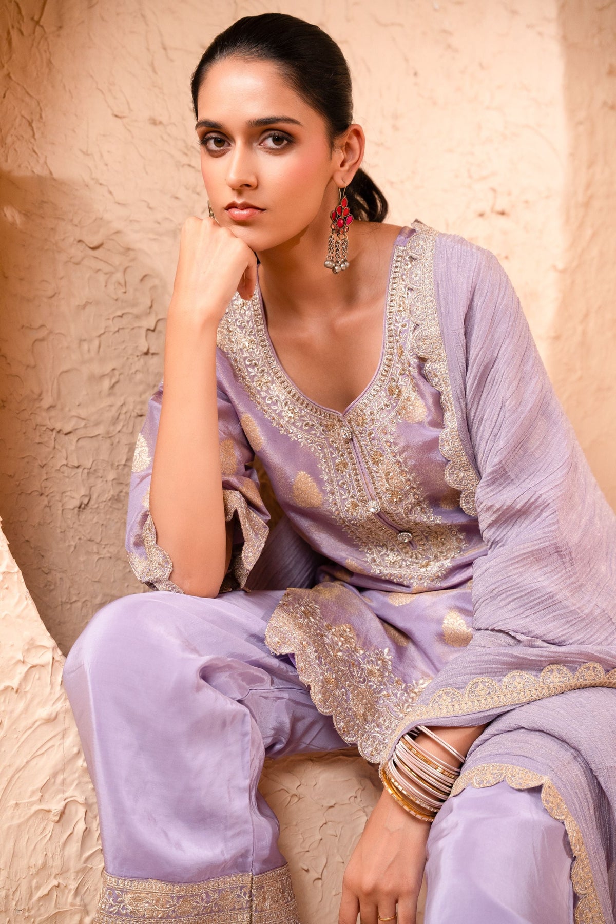 Isvan Tissue Embroidered Lavender  Suit Set