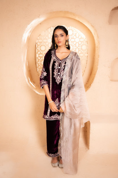 Zariya Silk Velvet Embroidered Wine  Suit Set