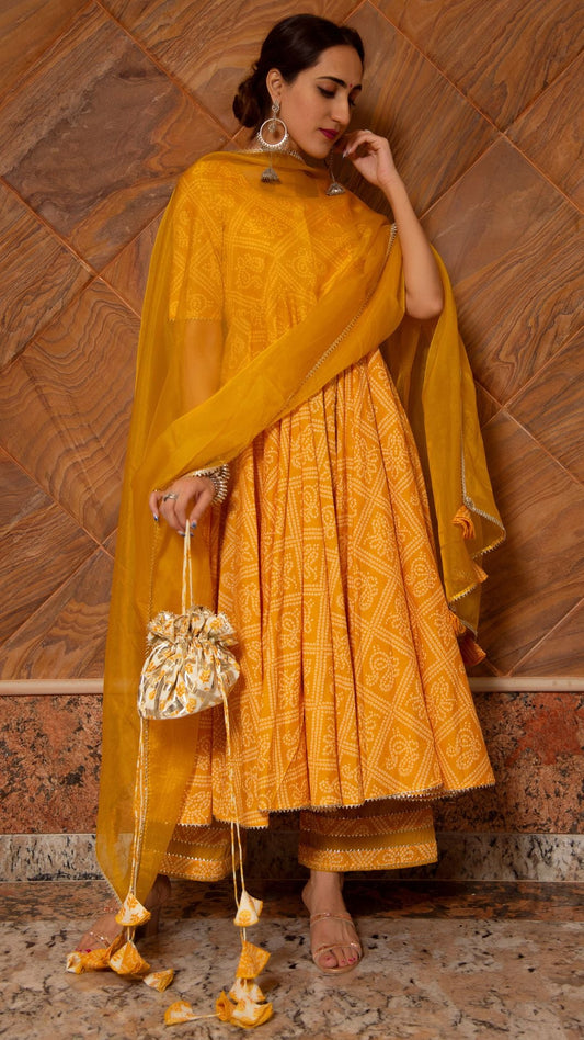 Bandhej Yellow Cotton Anarkali Set