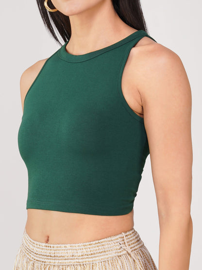 Dhiyona ST Women's Stretchy Knitted Halter Neck Green Crop Top