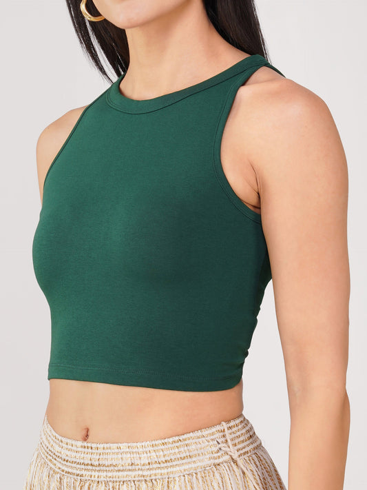 Dhiyona ST Women's Stretchy Knitted Halter Neck Green Crop Top