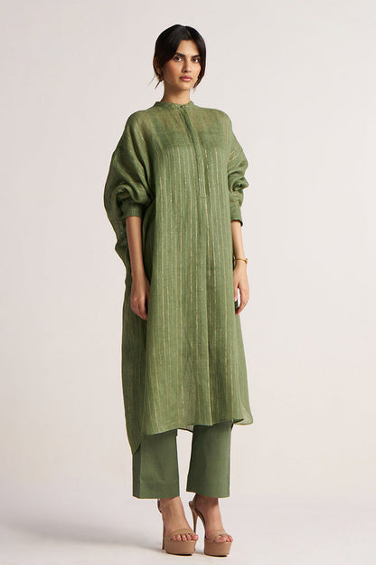 Women's Hedge Green Zari Linen Festive Co-ord Set