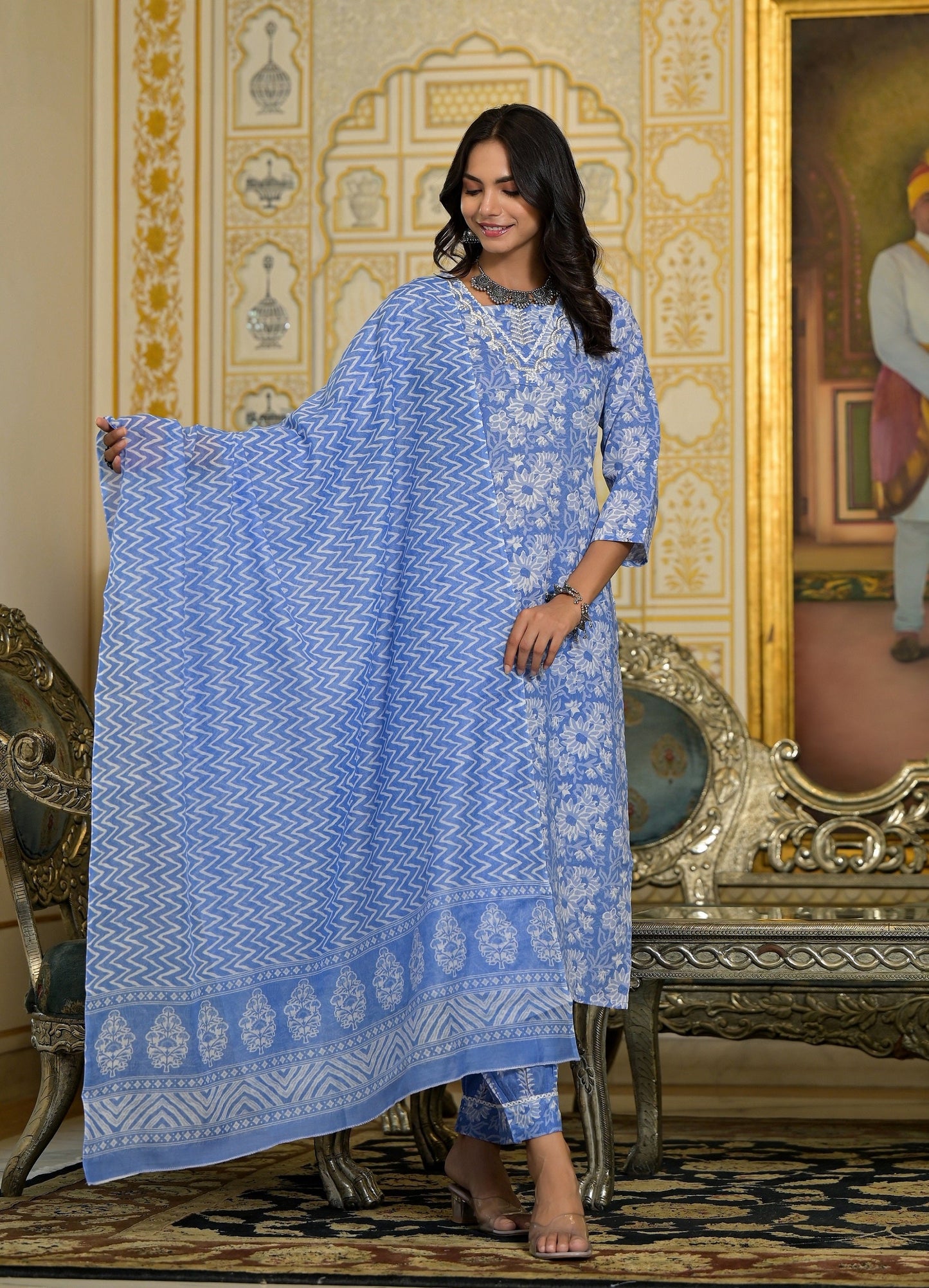 Women Blue Embroidery Viscose Rayon Kurta, Pant And Dupatta Set