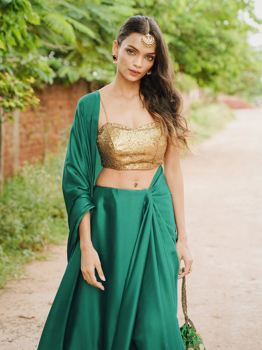 Dhiyona ST Rich Emerald Green Satin Saree with Bronze Pendants