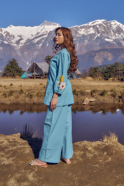 Wespret sky embroidered cotton co-ord set