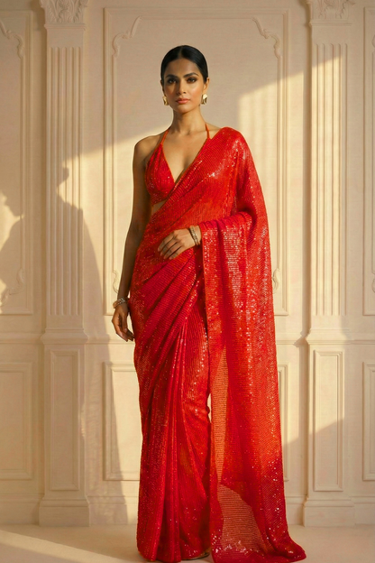 Dhiyona ST Scarlet Rouge Knitted Sequin Saree with Blouse Fabric