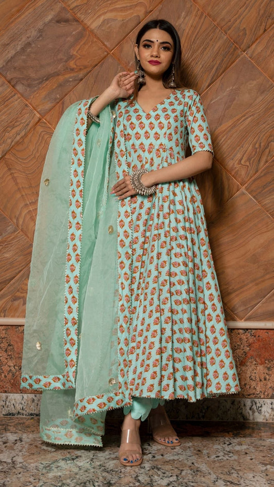 Lilly Of Valley Hand Block Anarkali Set