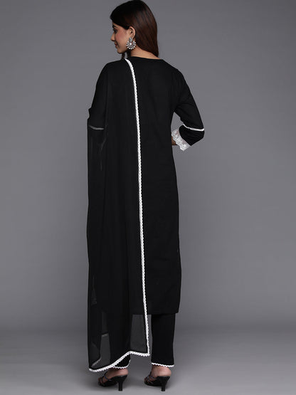 Dhiyona VR Women's Black Thread Embroidered Straight Kurta With Bottom And Dupatta