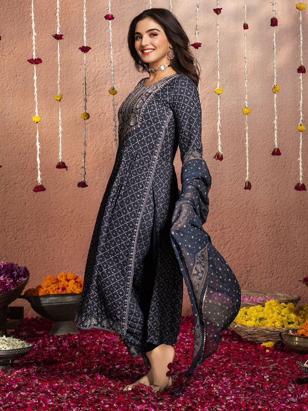 Dhiyona IS Women's Embroidered Pleated Kurta & Trousers With Dupatta