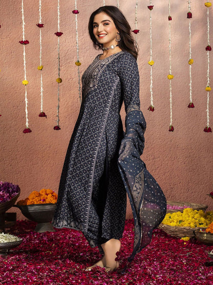 Dhiyona IS Women's Embroidered Pleated Kurta & Trousers With Dupatta