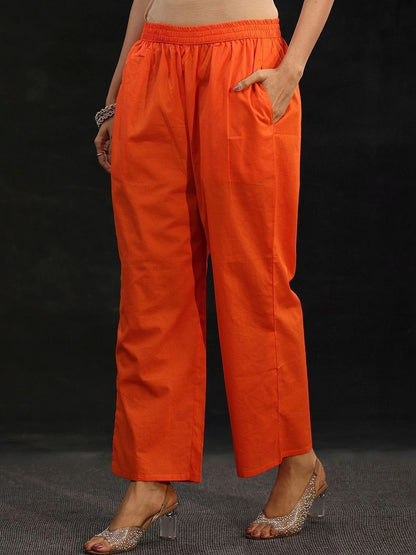 Orange Floral Printed Cotton Blend Straight Suit Set