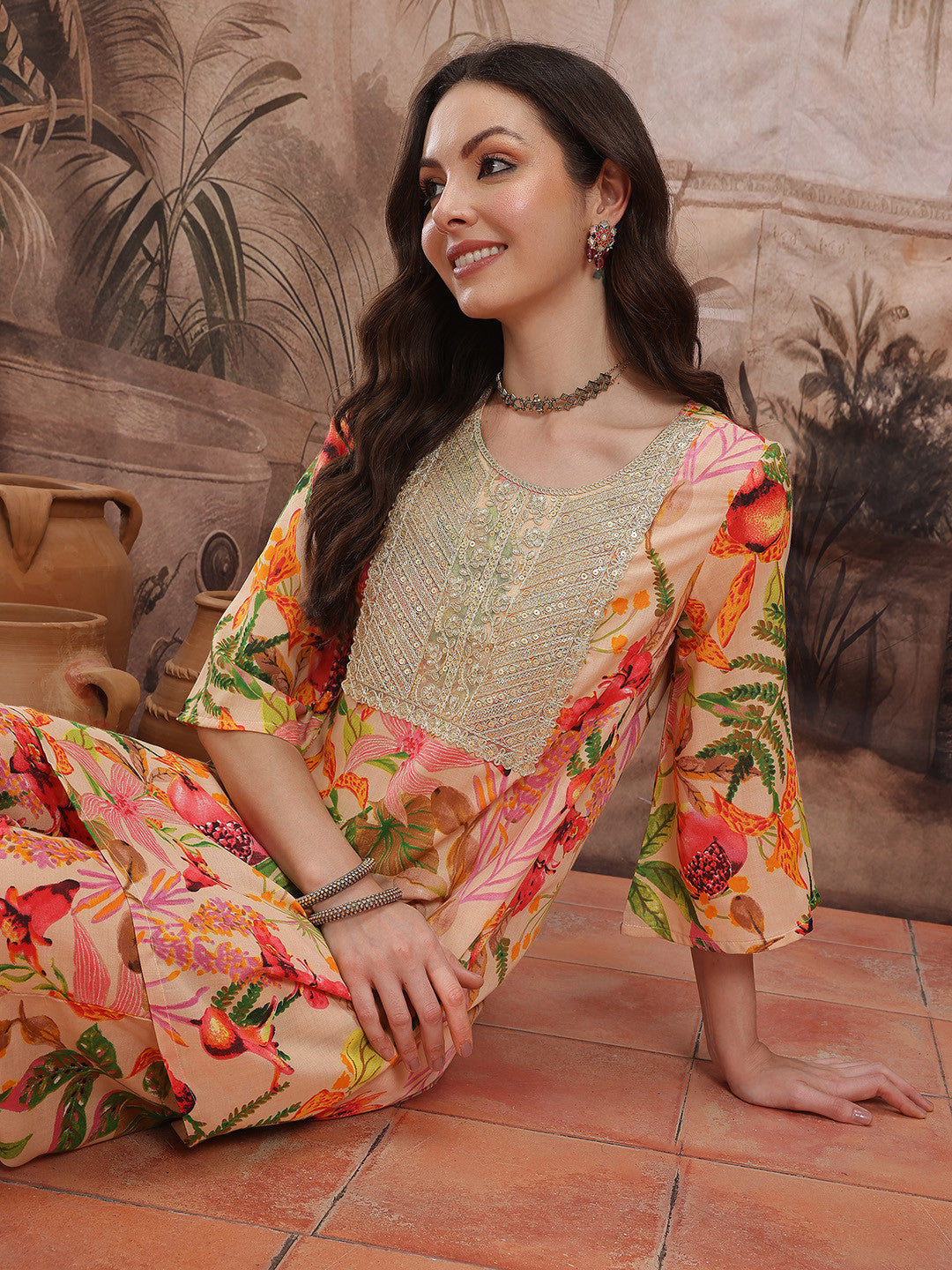 Floral Printed Regular Sequinned Kurti With Palazzos