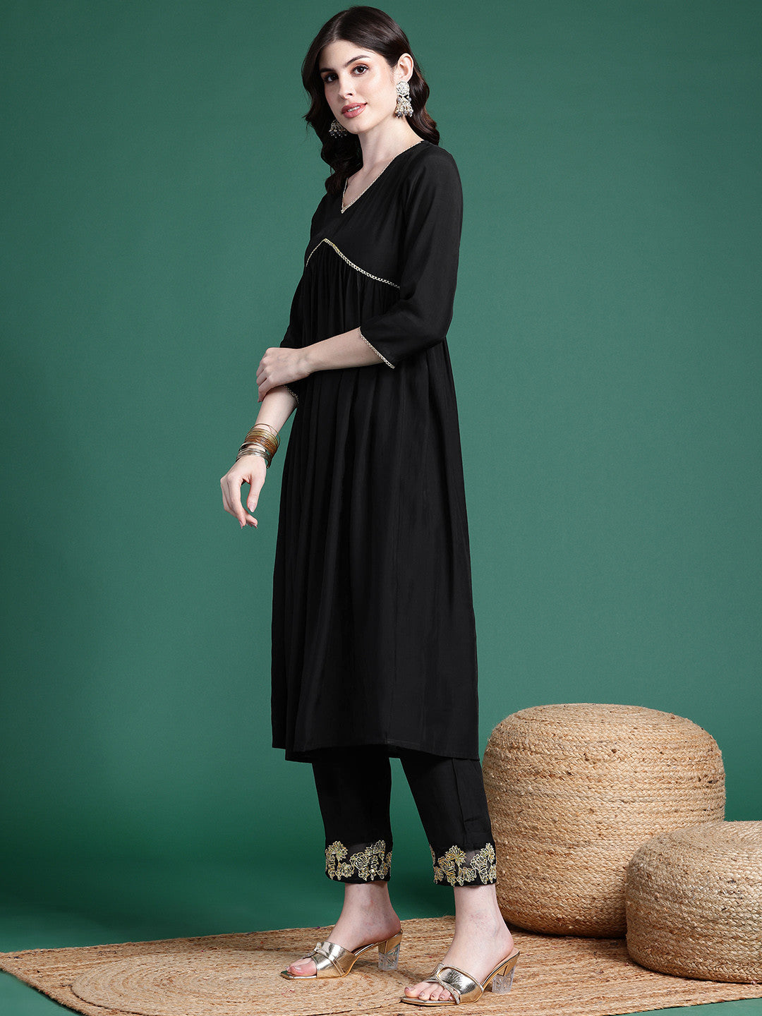 Empire Thread Work Kurta with Trousers & Dupatta