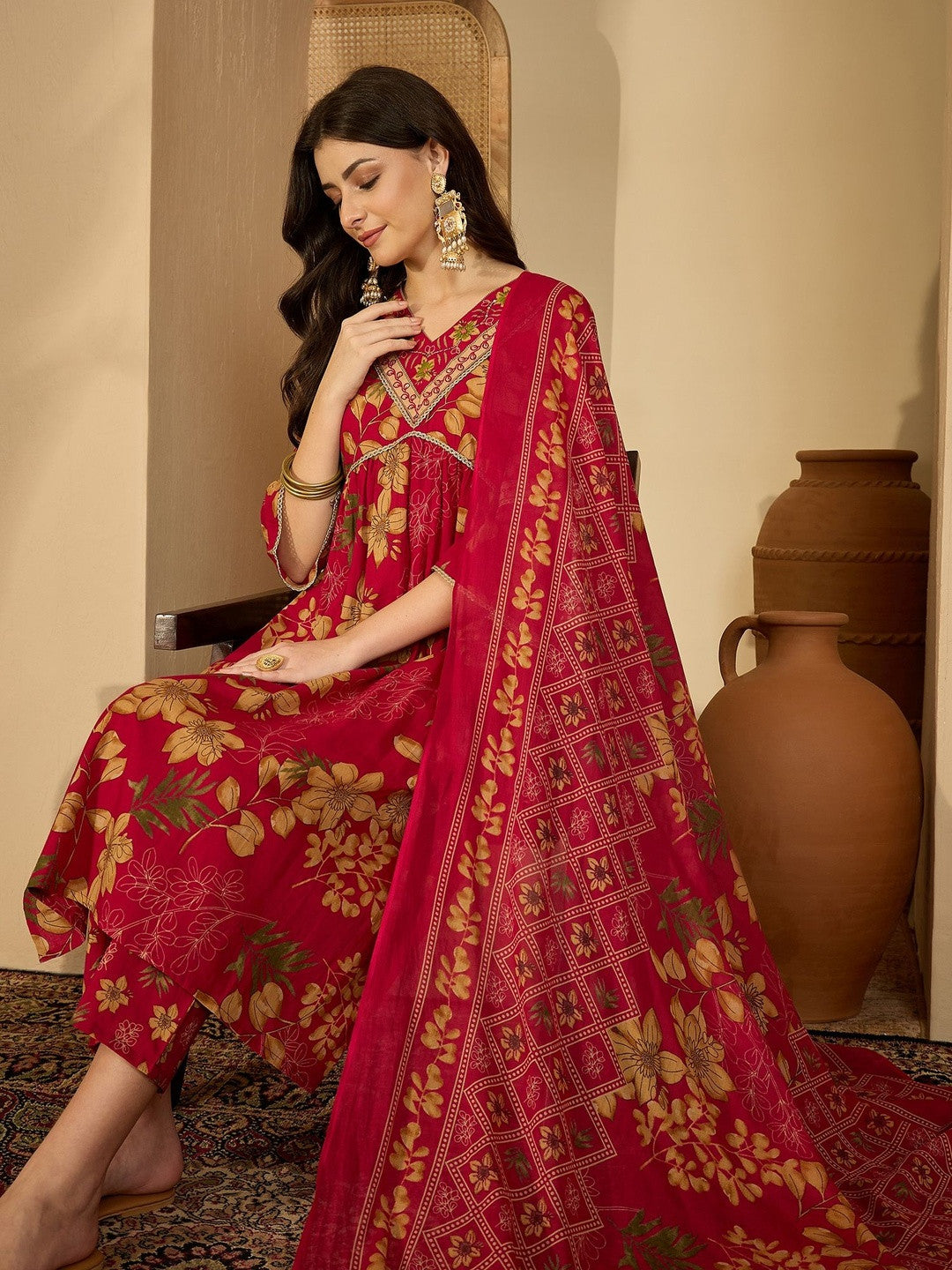 Dhiyona SN Women Printed Angrakha Thread Work Pure Cotton Kurta with Trousers & Dupatta