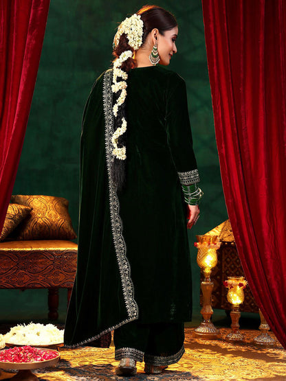 Floral Yoke Design Straight Sequinned Velvet Kurta with Trousers & With Dupatta