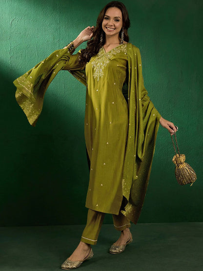 Dhiyona SN Women's Embroidered V-Neck Kurta With Trousers & Dupatta