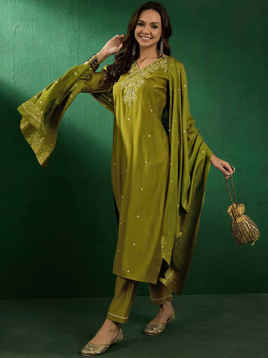 Dhiyona SN Women's Embroidered V-Neck Kurta With Trousers & Dupatta