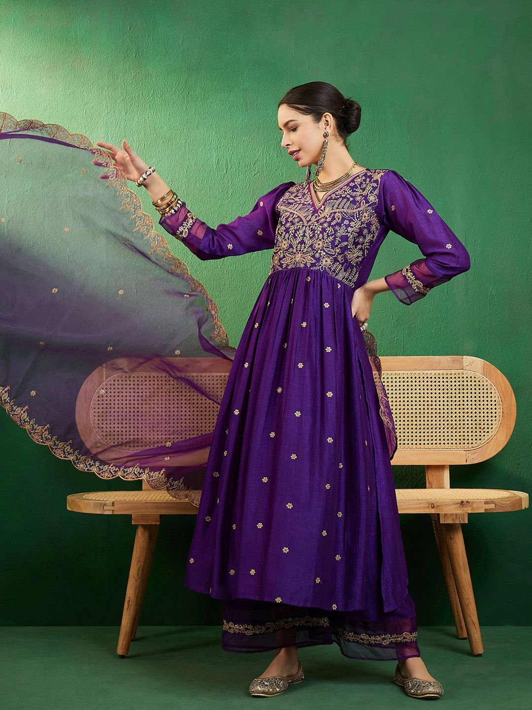 Dhiyona SN Purple Ethnic Motifs Embroidered A-Line Kurta With Palazzo & Dupatta