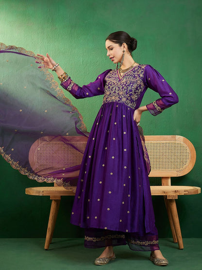 Dhiyona SN Purple Ethnic Motifs Embroidered A-Line Kurta With Palazzo & Dupatta