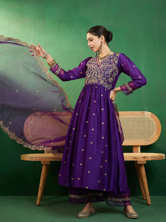Dhiyona SN Purple Ethnic Motifs Embroidered A-Line Kurta With Palazzo & Dupatta