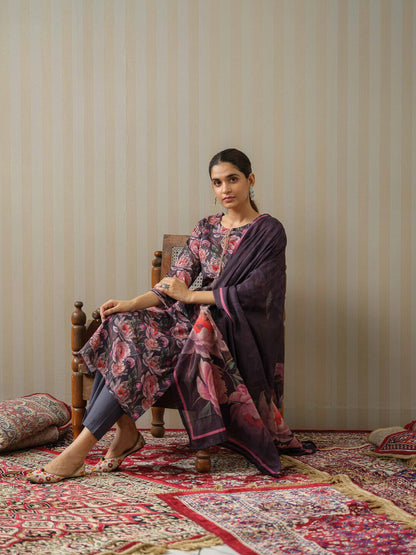 Dhiyona IS Women's Floral Printed Tie-Up Neck Linen Kurta with Trousers & With Dupatta