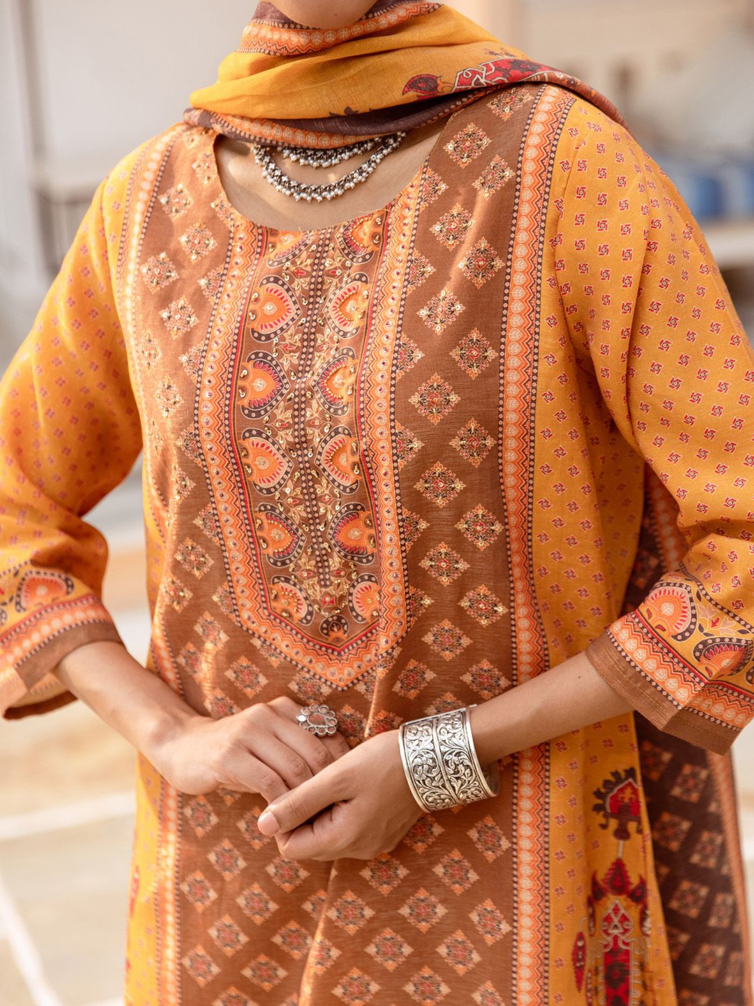 Dhiyona IS Women's Ethnic Motifs Printed Pure Cotton Round Neck Straight Kurta with Trousers & Dupatta