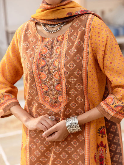 Dhiyona IS Women's Ethnic Motifs Printed Pure Cotton Round Neck Straight Kurta with Trousers & Dupatta