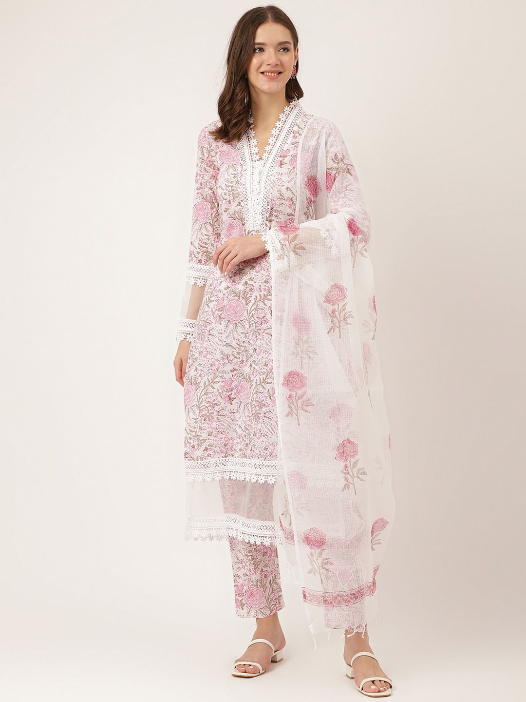 Dhiyona KL Floral Printed Laced Pure Cotton Kurta With Trouser & Dupatta