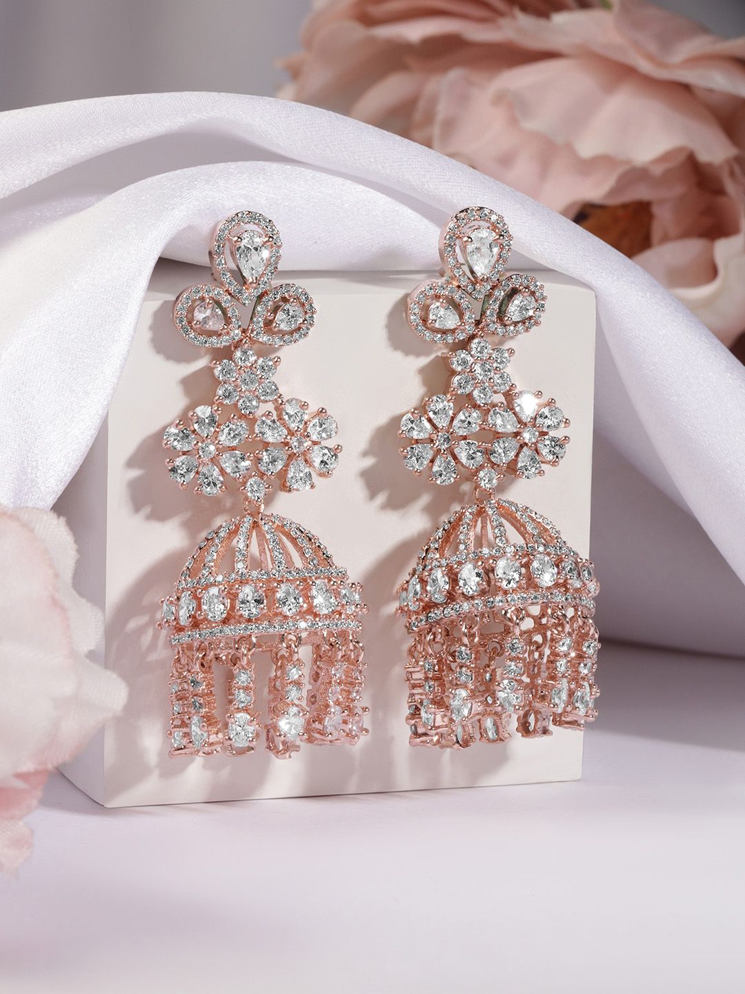Dhiyona RJ Women's 22K Rose Gold-Plated AAA Cubic Zirconia Studded Dome-Shaped Jhumkas Earrings