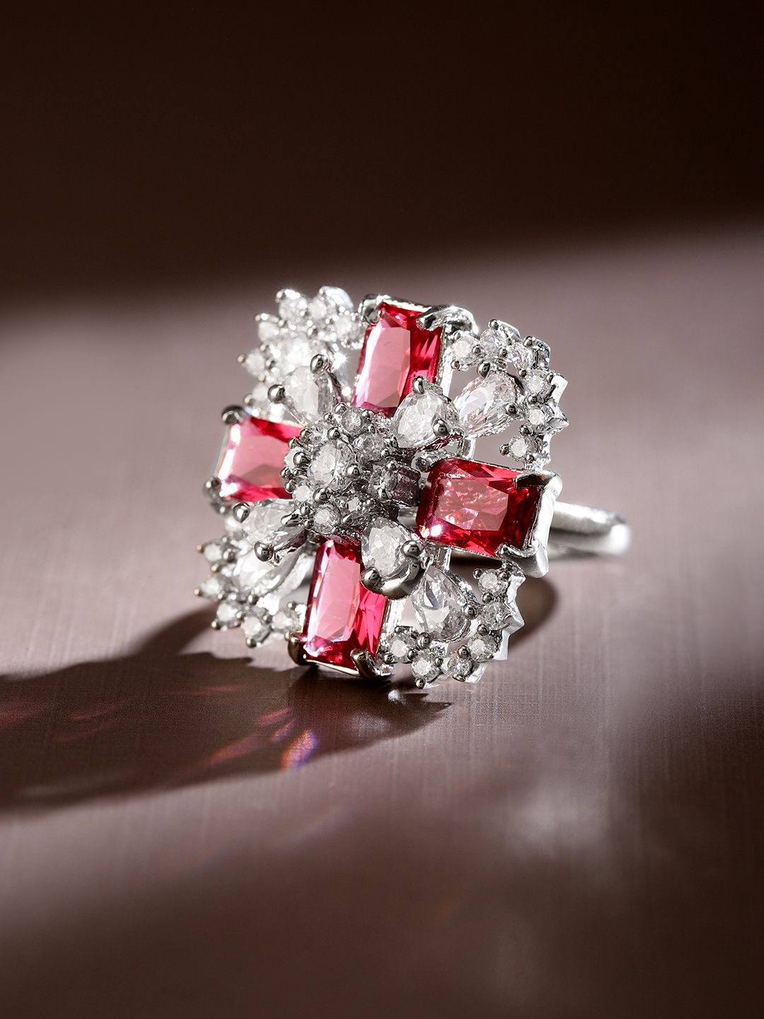 Dhiyona RJ Women's Rhodium-Plated Ruby Pink & White CubicZirconia Studded Floral Cross Adjustable Ring