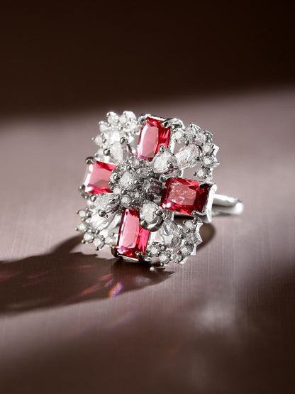 Dhiyona RJ Women's Rhodium-Plated Ruby Pink & White CubicZirconia Studded Floral Cross Adjustable Ring