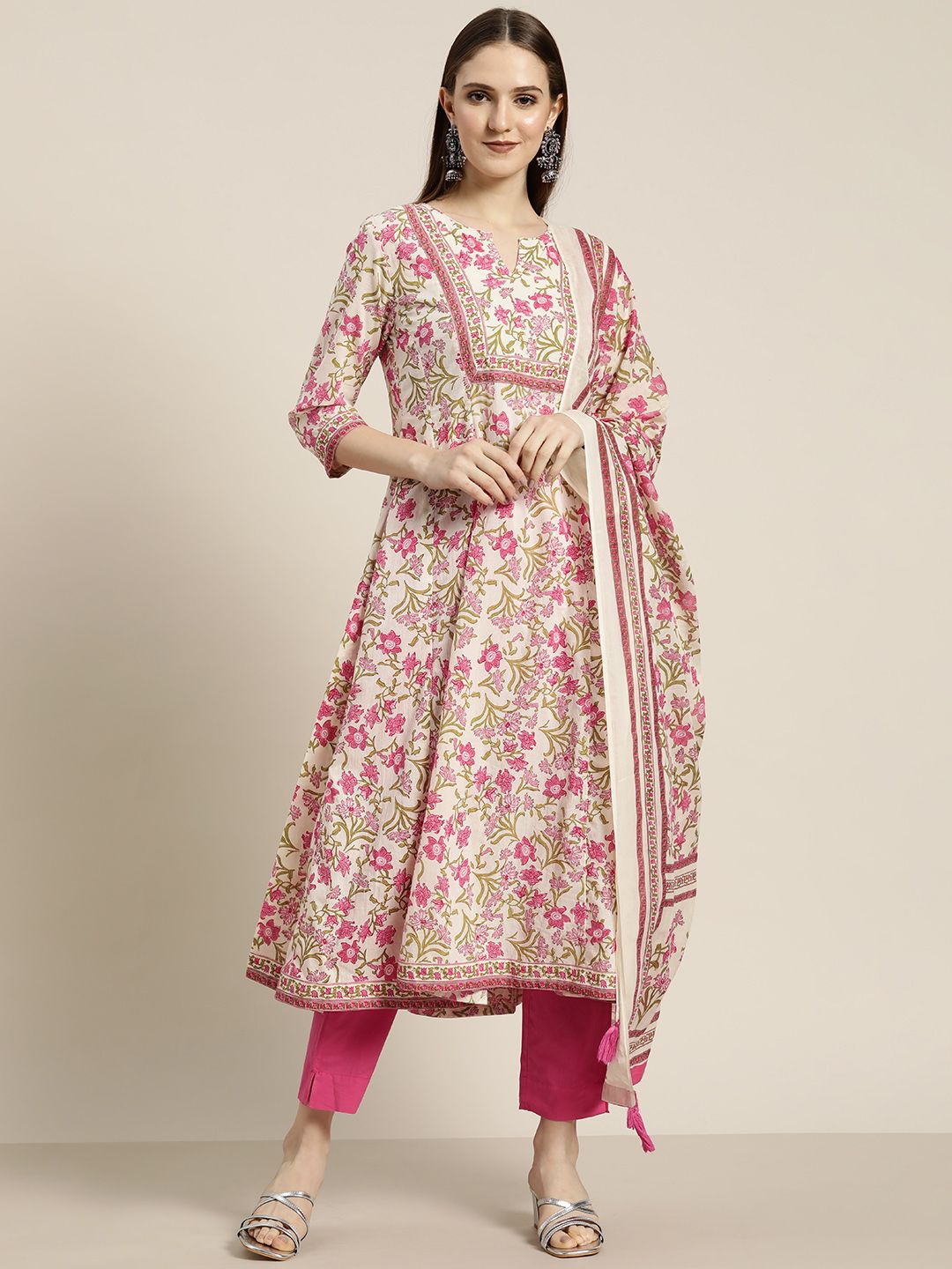 Dhiyona RR Women's Pink Floral Printed Sequinned Pure Cotton Kurta with Trousers & With Dupatta