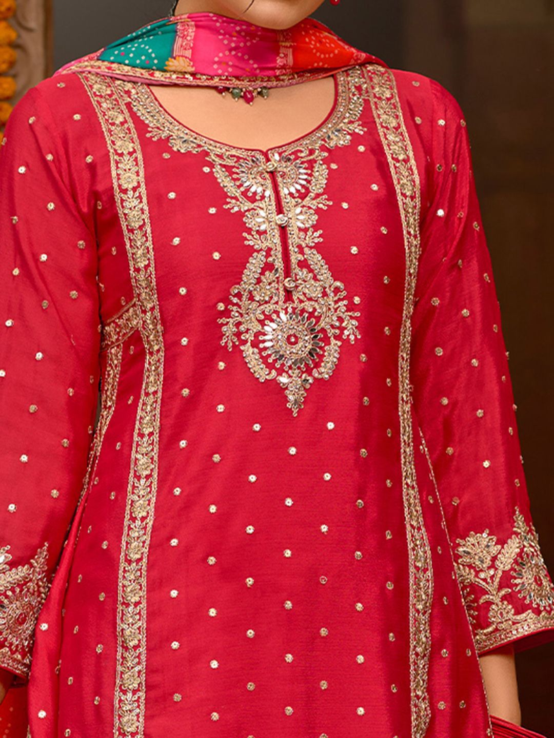 Dhiyona IE Floral Embroidered Panelled Mirror Work A-Line Kurta With Palazzos & Dupatta