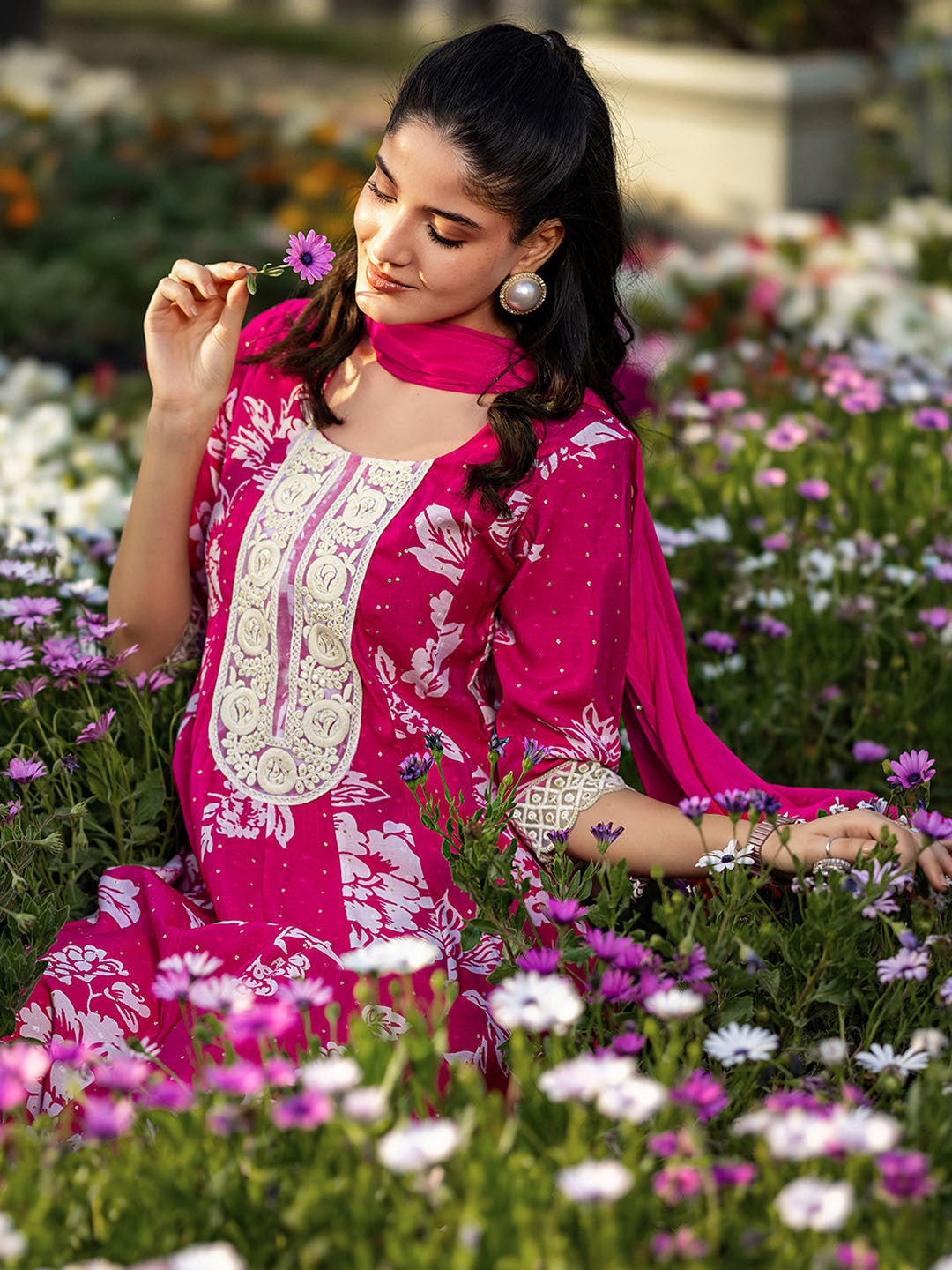 Womens Pink Printed Anarkali Kurta With Trousers & Dupatta