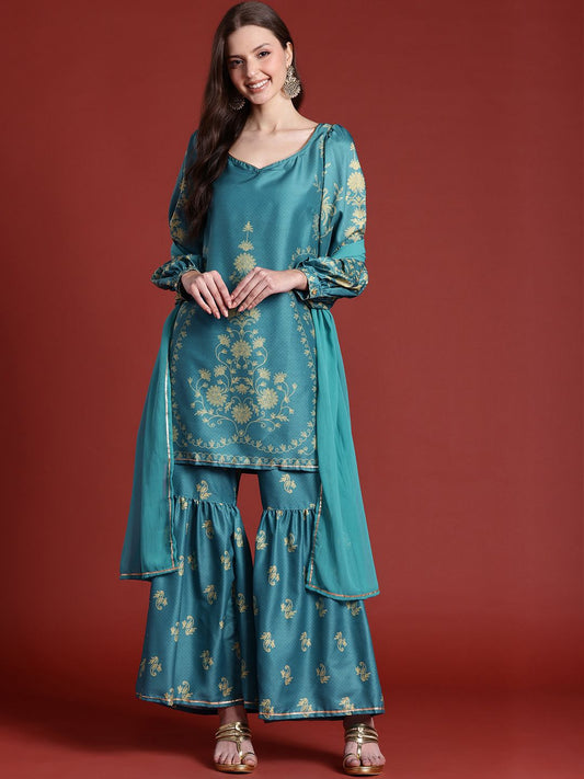 Dhiyona AN Printed Gotta Patti Kurta with Sharara & Dupatta