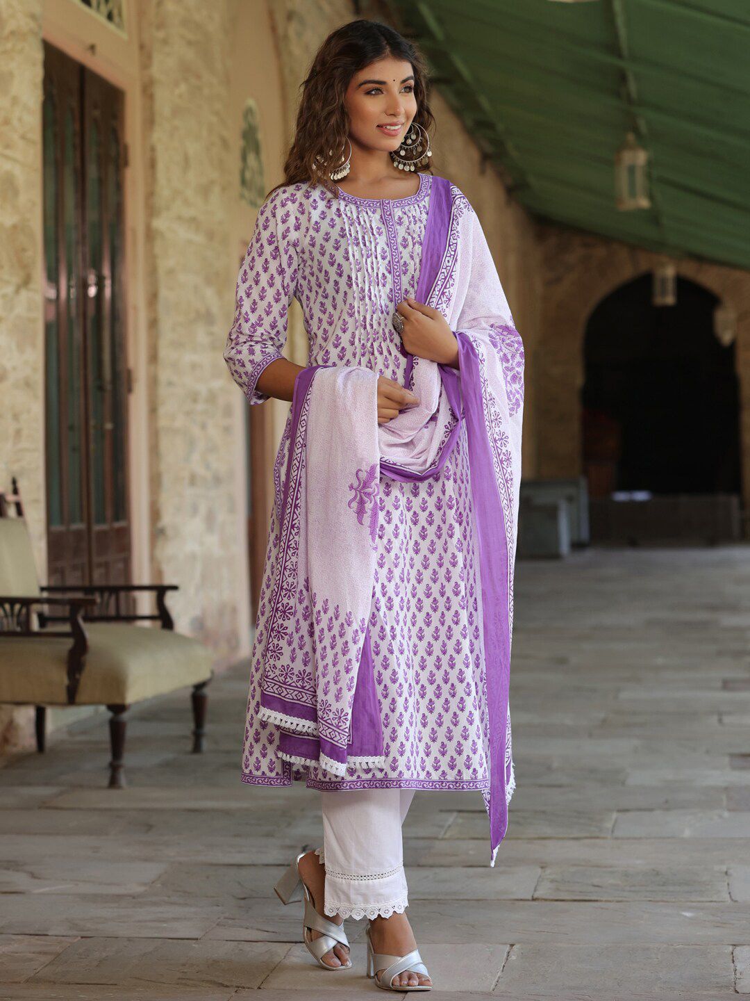 Dhiyona RR Women's Ethnic Motifs Printed Regular Pure Cotton Kurta with Trousers & Dupatta