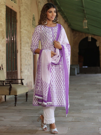 Dhiyona RR Women's Ethnic Motifs Printed Regular Pure Cotton Kurta with Trousers & Dupatta