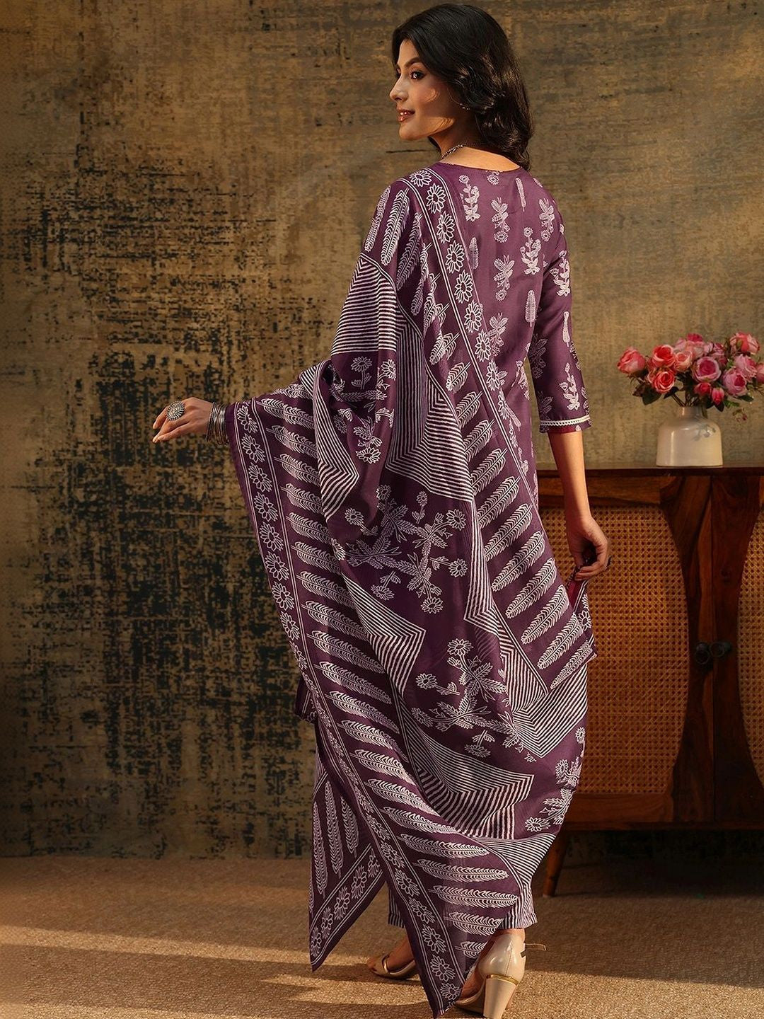 Burgundy Floral Printed Cotton Blend Straight Suit Set