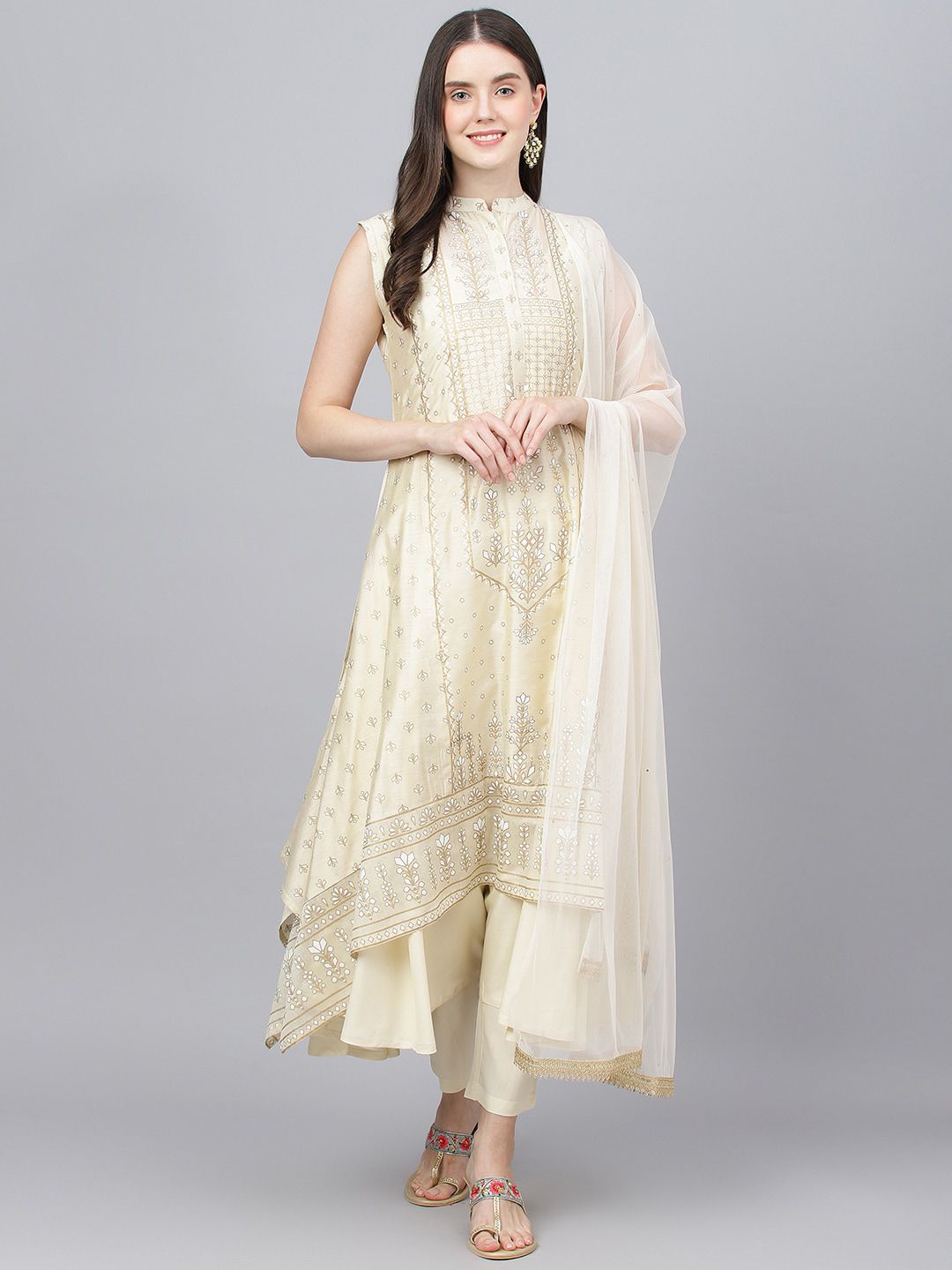 Dhiyona KL Ethnic Motifs Printed Layered Chanderi Silk Kurta With Trousers & Dupatta