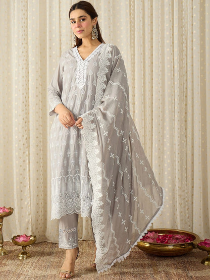 Women Ethnic Motifs Embroidered Regular Chikankari Pure Cotton Kurta with Trousers & With Dupatta