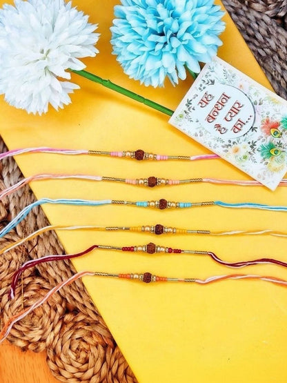 Dhiyona Set Of 6 Rudraksh & Artificial Beads Thread Rakhi With Roli Chawal Chandan Mishri