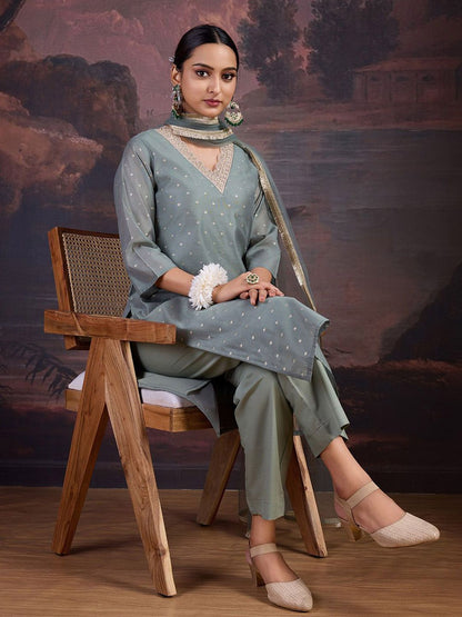 Dhiyona PD Women Floral Woven Design Straight Kurta With Trousers & Dupatta