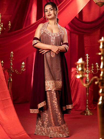 Dhiyona LL Chevron Embroidered Regular Sequinned Georgette Kurta With Palazzo With Dupatta