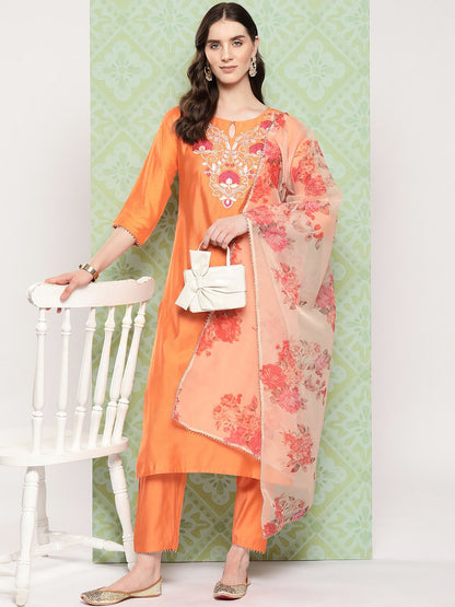 Dhiyona IE Women Floral Yoke Design Regular Liva Kurta with Trousers & Dupatta